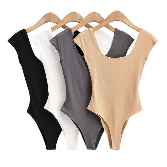 Summer New Girls Solid Color Sexy Beach Style Skinny Slim Low Neck Round Neck Bodysuit